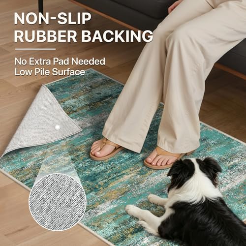 Image of BEIMO Runner Rug for Hallway Kitchen, 2x6 Machine Washable Runners Rug for Entryway, Soft Modern Abstract Throw Rugs, Low Pile Floor Cover with Non Slip Backing, Turquoise