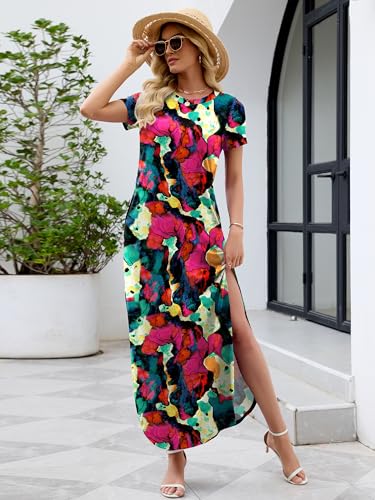 Image of Heymoments Womens Summer Maxi Dress Short Sleeve Casual Loose Long T Shirt Split Vacation Beach Sundress with Pockets