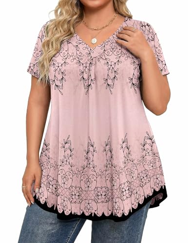 INVOLAND V Neck T Shirts for Women Plus Size Holiday Casual Short Sleeve Tunic Tops Cute Fashion Vacation Tshirts