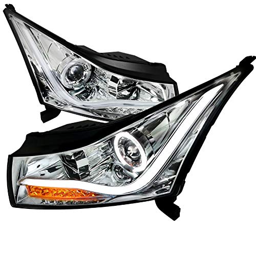 SPEC-D TUNING LED Light Strip Halo Chrome Housing Clear Lens Projector Headlights Compatible with 2011-15 Chevrolet Cruze, 2016 Chevrolet Cruze Limited Left + Right Pair Headlamps Assembly