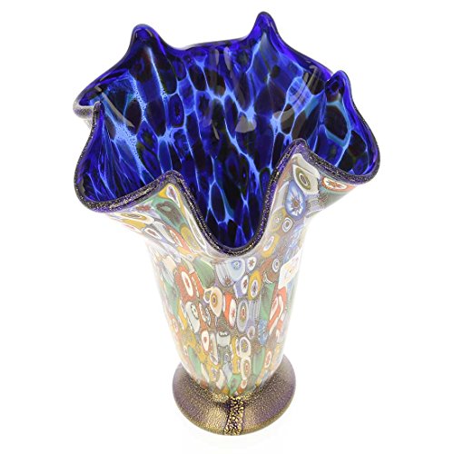 Glassofvenice Murano Glass Millefiori Gold Fazzoletto Vase - Cobalt Blue #TOP2