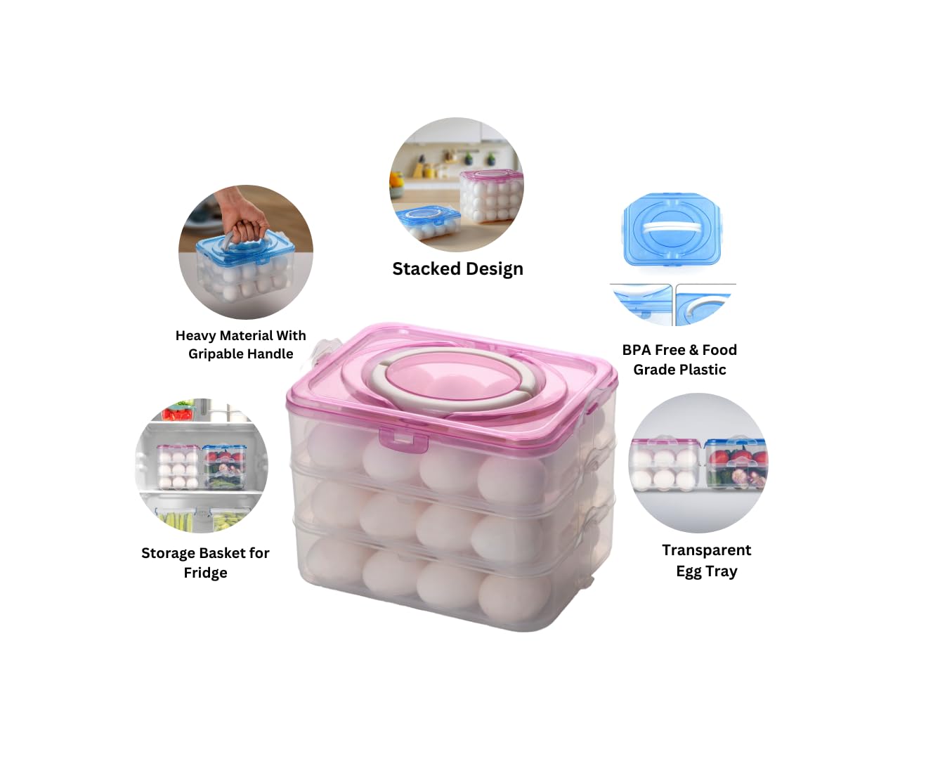 MOOZICO 36 Egg Tray for Fridge|ABS Plastic Durable; Stackable; Stylish Container Box With Holder for Kitchen Fridge Egg Refrigerator Storage Tray (Pink, Rectangular) 2