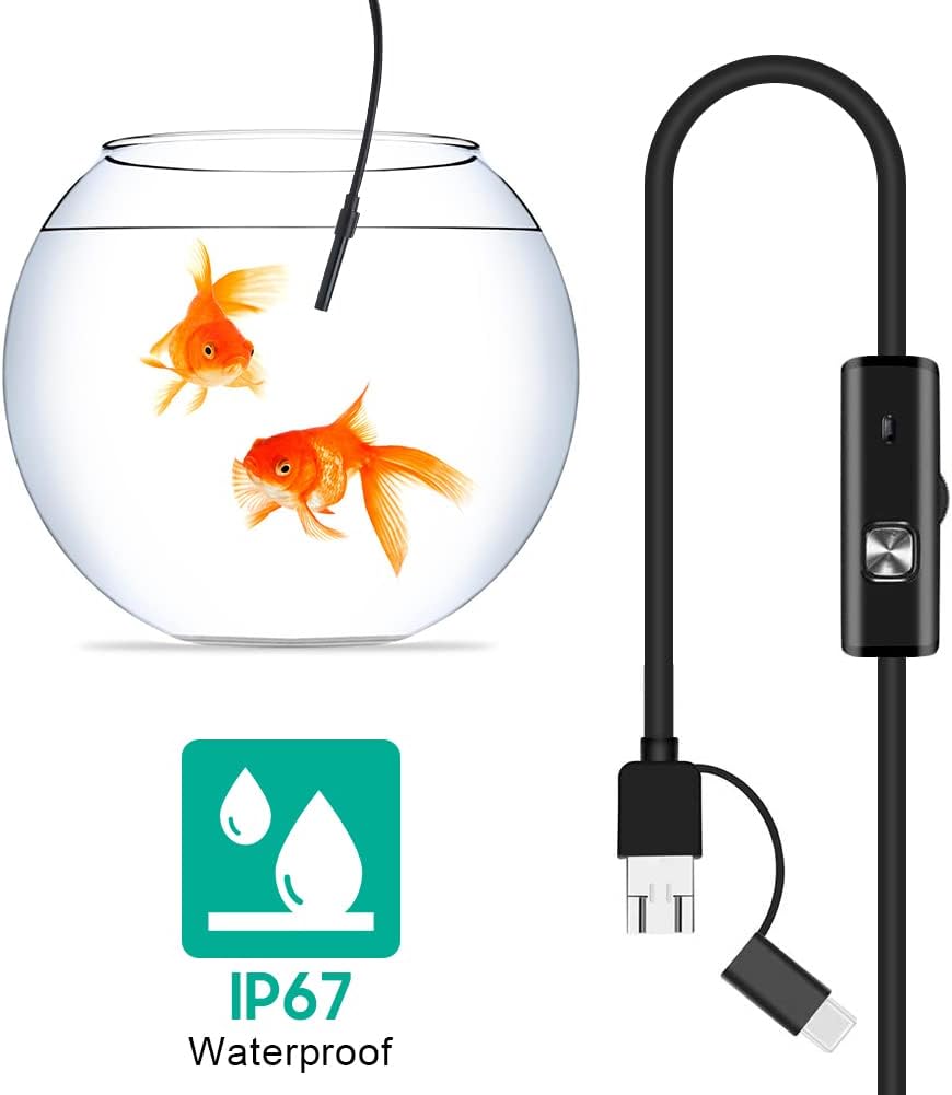 Endoscope probe submerged in a fishbowl, demonstrating its IP67 waterproof capability.