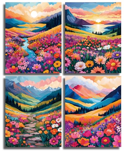Colorful Floral Mountain Wall Art Set of 4 Print,Wildflower Art 8x10 inch