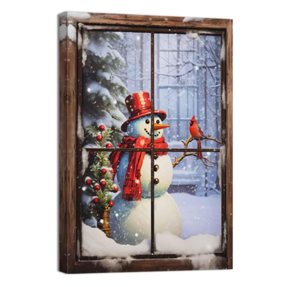 ZQQART Christmas Canvas Wall Art Snowman Picture Red Bird Poster Prints Winter Farmhouse Scene Poster Art Xmas Party Decor Framed(Black,12.00" x 18.00")