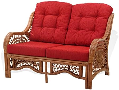 SunBear Furniture Lounge Malibu Loveseat Sofa ECO Natural Rattan Wicker Handmade Design with Burgundy Cushions, Cognac