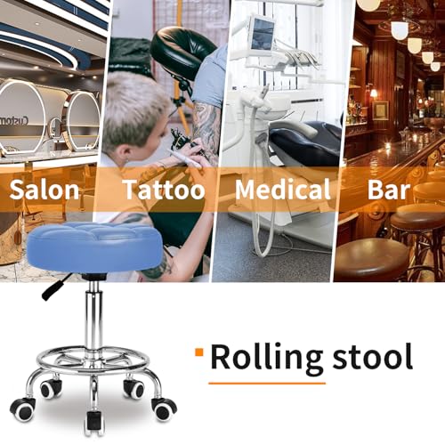 Image of Rolling Stool PU Leather Round - Ultra Soft Padded Seat Cushion Stool with Wheels with Footrest, Weight Capacity 300lb,Adjustable Height Stool for Tattoo Massage Salon Medical Spa Center (Blue)