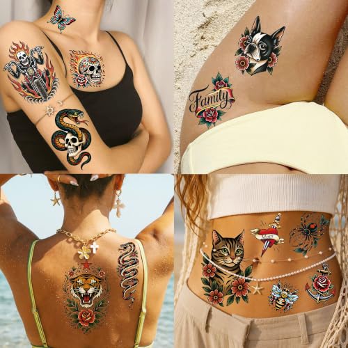 Image of 40+ PCS 6 Sheets Classic Retro American Traditional Temporary Tattoos Old School Tattoo Sticker, Realistic Vintage Pirate Skull Fake Tattoos For Men Women Teens Adults USA Rock Tattoo Party Decoration