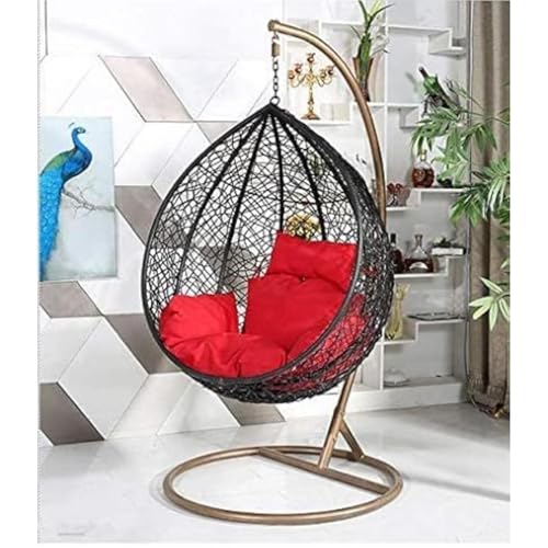 Image of HUMAIRA OUTDOOR FURNITURE Single Seater Swing Chair with Stand & Cushion for Outdoor Indoor Balcony Garden Patio,Powder Coated Frame,UV Protected Wicker (Swing-Black /Cushion-RED)