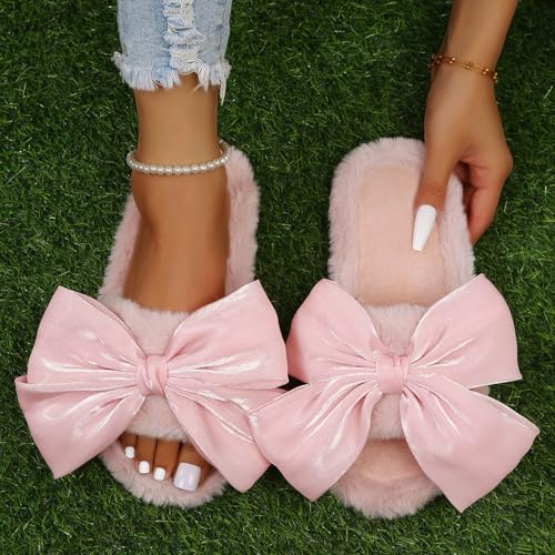Women Bow Plush Fuzzy Slippers Open Toe Warm Bride Wedding Home Bedroom Slippers Winter Slip-On House Shoes for Indoor Outdoor Comfortable Non-Slip Bowknot Fashion Flat Cotton Slipper2