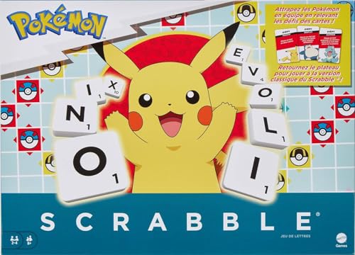 Mattel Games Scrabble Pokémon, Familien-Buchstabenspiel mit Zwei Spielmöglichkeiten, enthält 50 Herausforderungskarten mit Pokémon-Figuren… – Ansicht 1