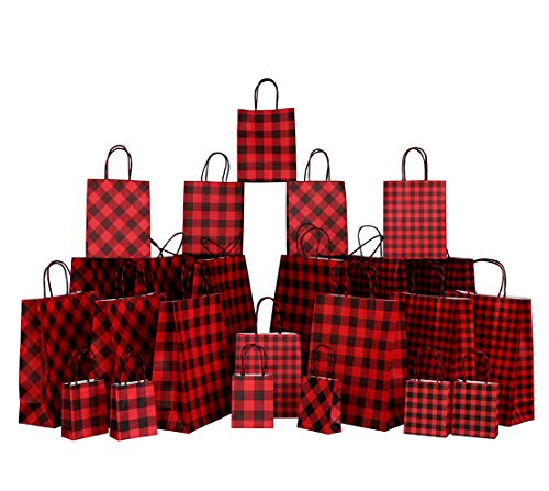 Iconikal Gift Bags, Red Buffalo Plaid, 24-Piece Set