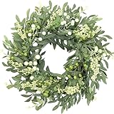 Sggvecsy Artificial Eucalyptus Wreath for Front Door 21 Inch with Greenery Leaves Green White Berries Silk Dollar Leaves for Spring Summer Farmhouse Window Porch Wall Home Indoor Outdoor Decor