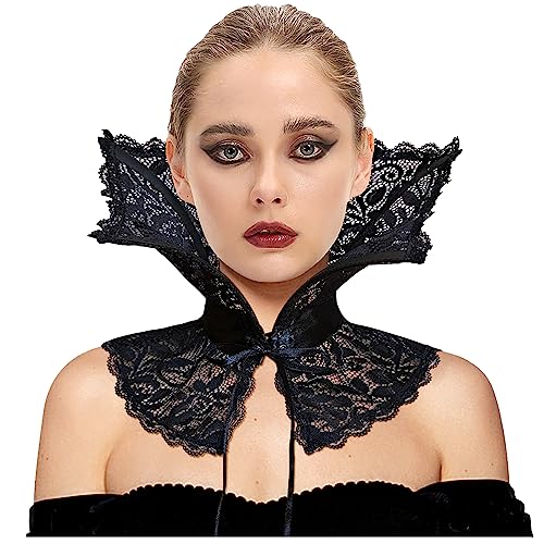 keland Damen Gothic Lolita Halskrause Kragen Renaissance Krause Rüschenkragen Hals Wrap Viktorianische Accessoires (Schwarz-002)