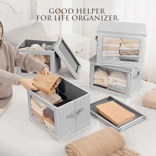 Image of Homsorout Stackable Storage Bins with Lids - Large Decorative Basket with Lids, Fabric Foldable Closet Organizer Bins, Shelf Organizer for Living Room, Dorm, 5 Pack, Blended