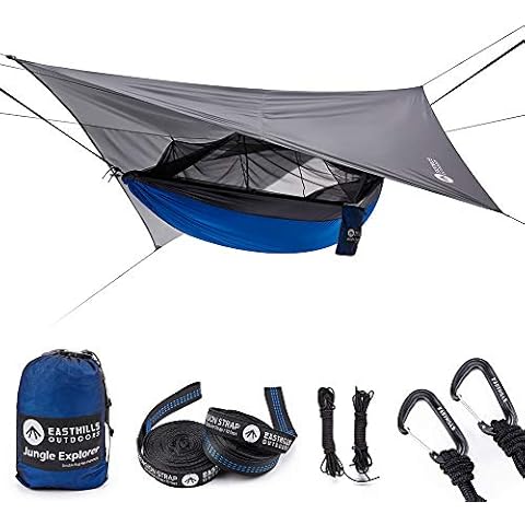 Easthills Outdoors Jungle Explorer Double Camping Hammock Ripstop Parachute Nylon Camping Outdoor Hammocks with Bug Net and Waterproof Rainfly Tarp Blue Cover