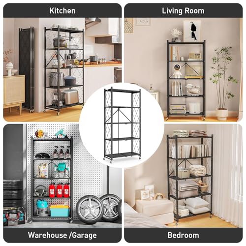 Foldable Storage Shelves with Wheels, Folding Shelving Units Organizer, Heavy Duty Metal Storage Shelf No Assembly, Large Capacity Pop-Up Organizer for Garage,Kitchen,Living Room, Black, 4-Tier by AOMINOHOMA - Image 7