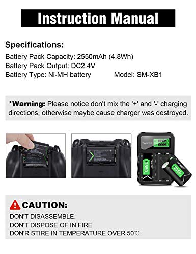 Taiker Compatible with Xbox One Battery 3 Pack x 2550mAh Rechargeable Controller Battery and Charger for Xbox One/Xbox One S/Xbox One X/Xbox One Elite Wireless Controller