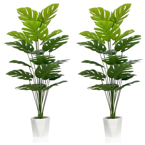 Set of 2 Artificial Monstera Deliciosa Plants in Pots, Fake Tropical Palm Tree with Greenery Leaves Stems, 43 Inch Faux Swiss Cheese Floor Plants Indoor for Home, Office, Store Decor