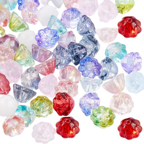 SOFPLATE 1 Box 100Pcs Glass Flower Bead Lotus Pod Beads Bulk Colorful Transparent Lotus Flower Shape Crystal Loose Bead End Caps for jewellery Making Beads Supplies DIY Bracelet Necklace Earrings Craf