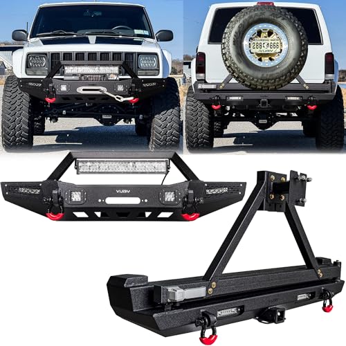 LUYWTE For 1984-2001 Cherokee XJ Steel Front and Rear Bumper With Winch Plate&Spare Tire Carrier&LED Lights&D-Rings