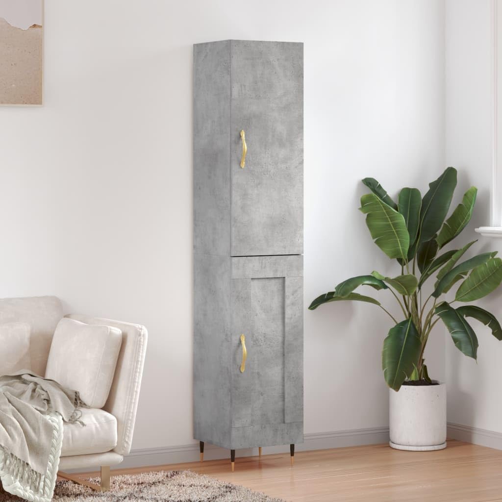 Kredens ze sklejki betonowej szarej wysokiej kredensu z metalowymi drzwiami i nogami do organizacji domu 34,5x34x180 cm