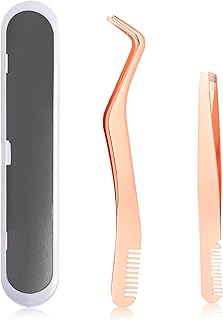 2 Pcs Lash Tweezers for Eyelash Extensions, Stainless Steel Lash Applicator Tool Straight False Eyelashes Tweezers and Curved Tip Tweezer with Box for DIY Lash Clusters Make Volume Fans, Rose Gold
