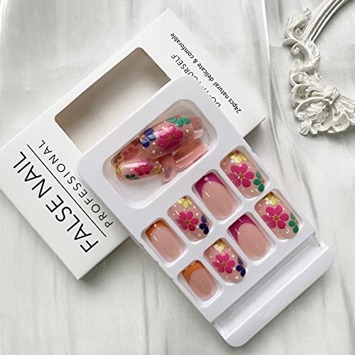 French Tip Press On Nails Short Fake Nails Colorful Flowers Acrylic Nails Full Cover Square Shaped False Nails With Daisy Designs Glossy Spring Summer Glue On Nails For Women Girls Manicure, 24Pcs #TOP1