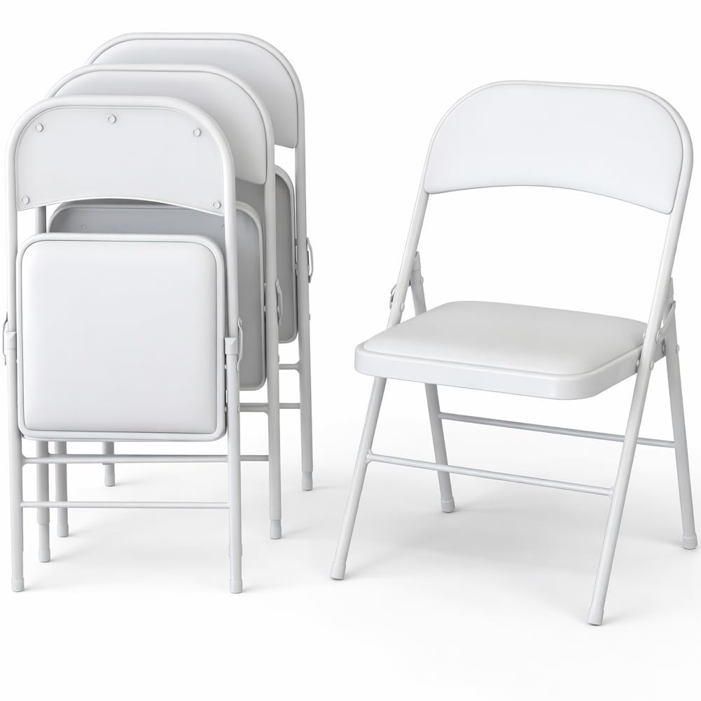 Shally Dogan Set 4 Sedie Pieghevoli con Struttura in Metallo e Seduta in Ecopelle Ergonomica ed Imbottita, Sedia Multiuso da Esterno ed Interno, Ideale per Bar, Ristoranti, Casa, Giardino (Bianco)