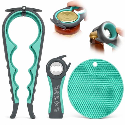 Image of KORCCI Jar Opener for Weak Hands, Seniors with Arthritis, 3-Piece Set with 5-in-1 Bottle Opener, Can Opener & Non-Slip Rubber Gripper Pad, Easy Grip Lid Opener for Arthritic Hands