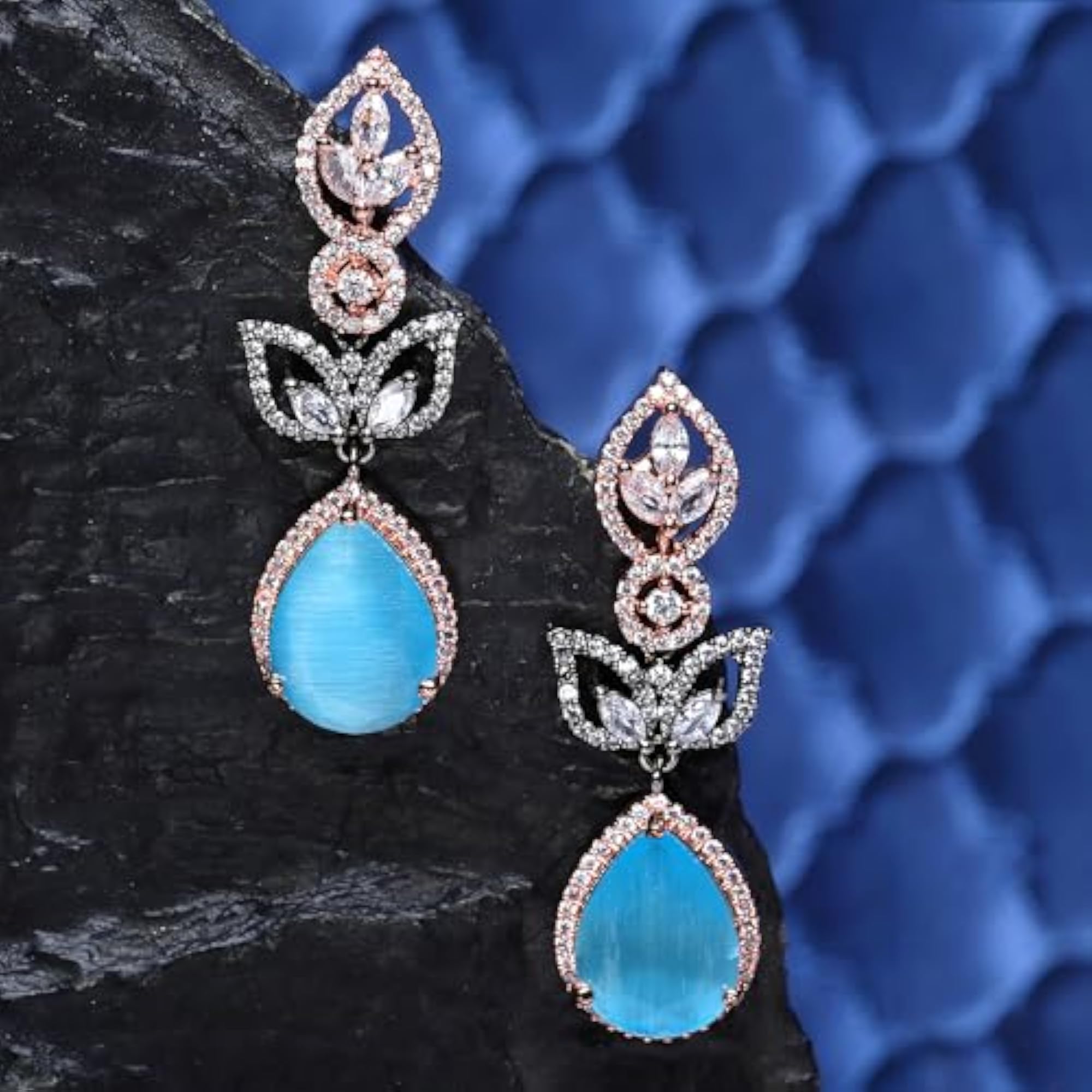 Women's Rose Gold & Oxidised Silver Dual Tone Leaf Teardrop Dangler Earrings
