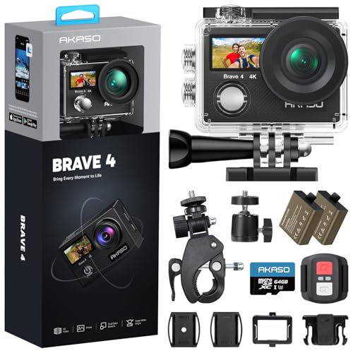 Image of AKASO Brave 4 Action Camera 4K 30fps with 64GB MicroSD Card Bundle 20MP Ultra HD 131FT Waterproof Underwater Camera EIS WiFi Remote Control 5X Zoom Sport Cameras with Bicycle Accessories Kit