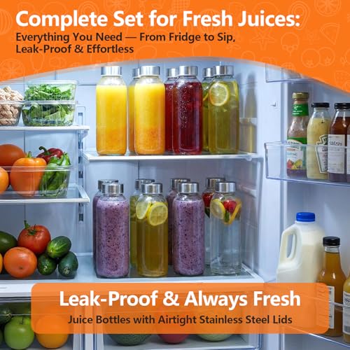 Image of Luxfuel Glass Water Bottles with Lids 16 oz, 8 Pack Reusable Juice Bottle with Stainless Steel Cap & Straw, 100% Leak Proof, BPA Free, Clear Glass Bottles for Juicing, Milk, Smoothies, Fridge Storage