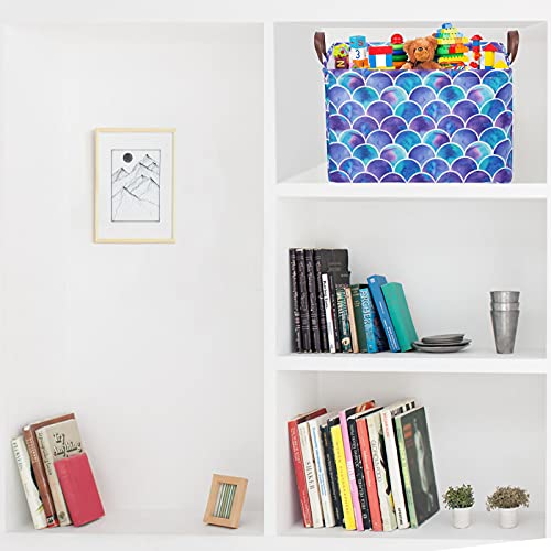 Image of Mermaid Storage Bin Basket Collapsible with Leather Handles Waterproof Canvas Storage Cube Box for Closet Toys Clothes Nursery Room Gift Basket