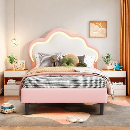 Lit Enfant 90x200, Lit Simple avec LED et Sommier à Lattes, Tête Lits Réglable en Forme de Nuage, Rose lit Princesse rembourré pour Fille et Ado,sans Matelas