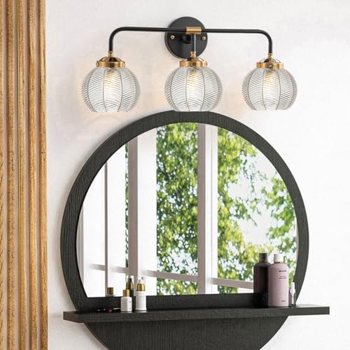Image of Farmhouse Vanity Light Vintage Modern Light Fixture for Bathroom Globe Wall Sconce Indoor Clear Glass Ribbed Mid Century Wall Sconce 3 Lights Over Mirror Vanity Lighting Bathroom
