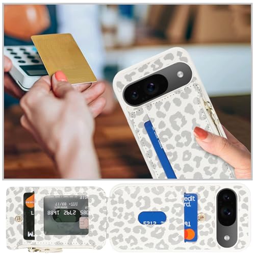 Image of Cavor for Google Pixel 9 /9 Pro Case Wallet with Card Holder, Leopard White