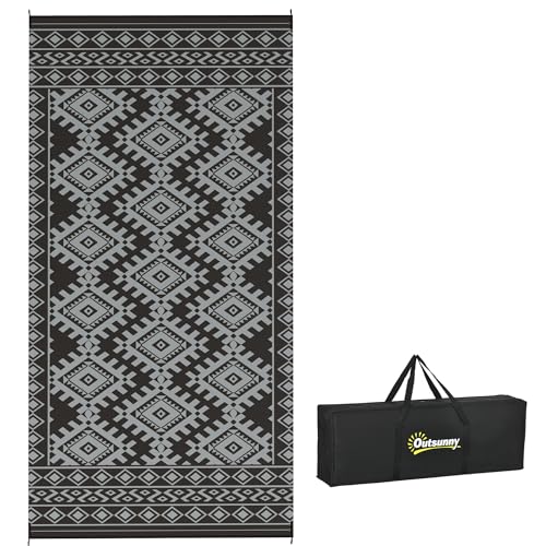 Outsunny Outdoor Rug for Patio 9 x 18 Waterproof Large Mat Reversible Plastic Straw Rug for Decor Portable Outside RV Camping Area Carpet Mat for Backyard Porch Deck Picnic Black & Gray Rhombus