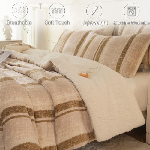 Image of Tufted Fleece Comforter Set King- Super Soft Warm Fluffy Shaggy Bedding Sets, Striped Jacquard Bed Set for Winter, 1 Sherpa Comforter with 2 Pillow Cases (104 inchX90 inch Khaki Striped)