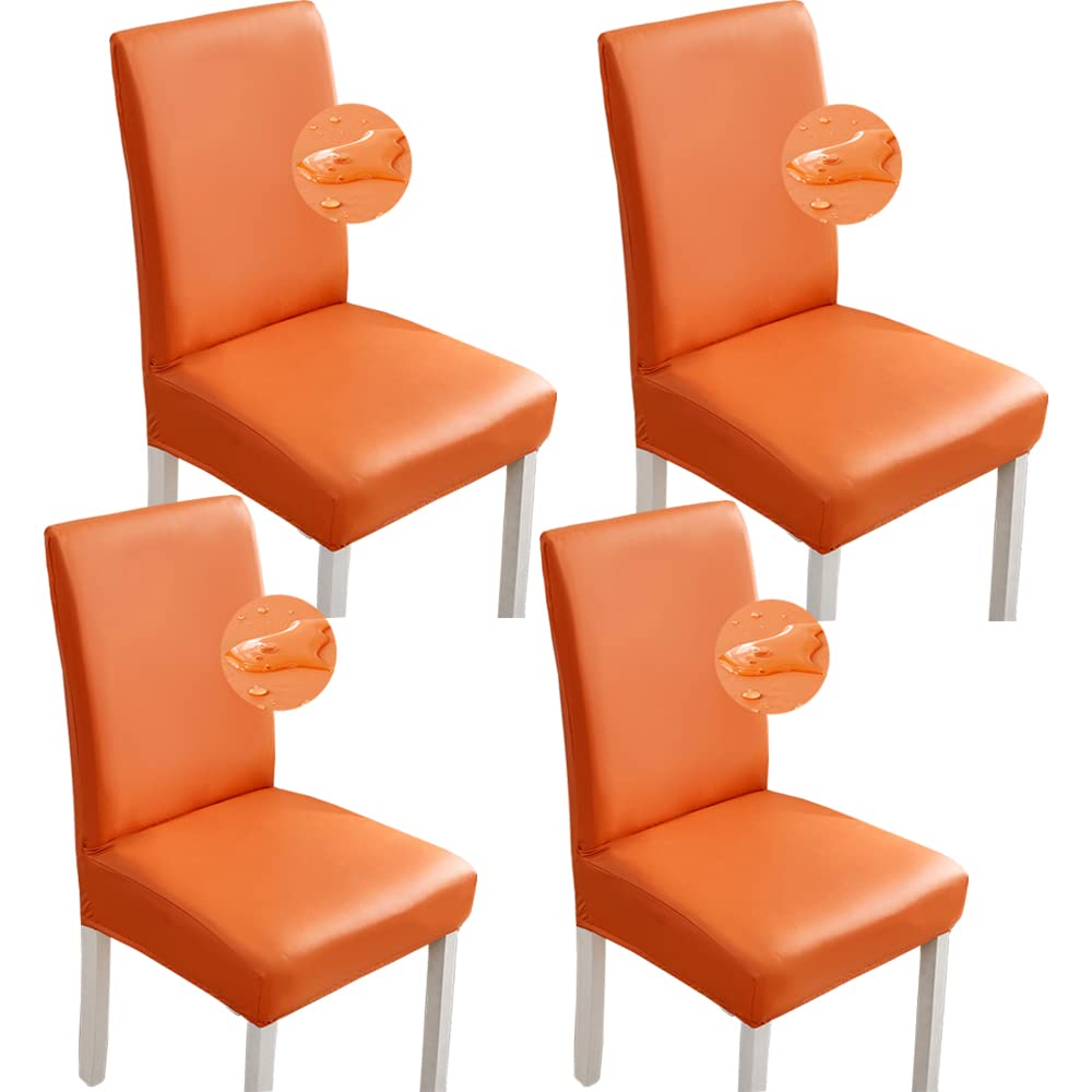 Shukii Stretch Dining Chair Covers Waterproof PU Leather Chair Slipcovers Chair Protector Cover Universal Chair Covers for Dining Room Kitchen Hotel (Set of 4, Orange) — image 1