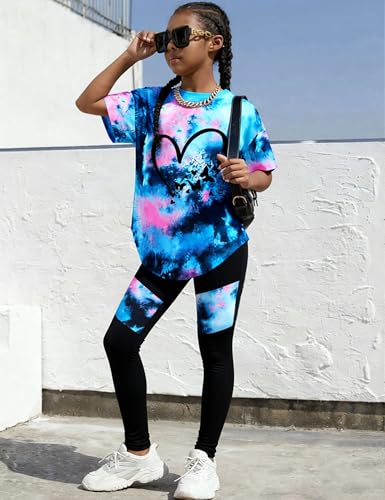Image of Girls 2 Piece Outfits Kids Clothes Pants Sets Print Short Sleeve Top Leggings Spring Summer Tracksuit 4-13Y