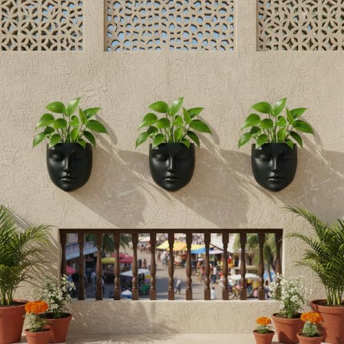 Image of Ceramic Lady Face Wall Hanging Planter (7 Inches, Black)| Abstract Oval Face Vase for Indoor Plants | Succulent Planter for Living Room, Balcony & Office Decor | Aesthetic Home Decor Gift