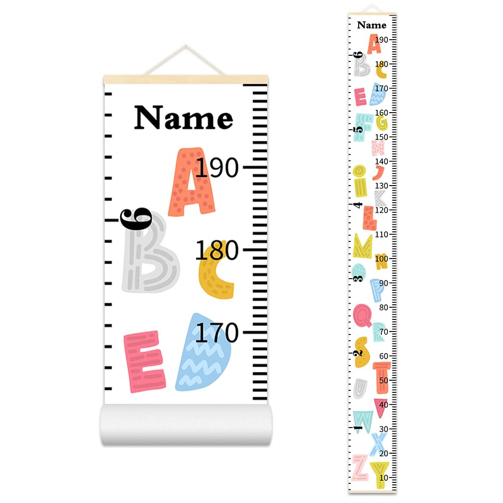 Personalized Growth Chart for Kids, Baby Height Chart with Custom Name, 77"x7.9" Canvas and Beige Wood Height Measuring Rulers for Boys Girls