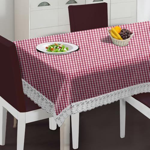 Image of The Furnishing Tree Waterproof PVC Rectangle Shaped 8 Seater Table Cover WxL 60x108 inches Pin Check Pattern Pink with White Border lace