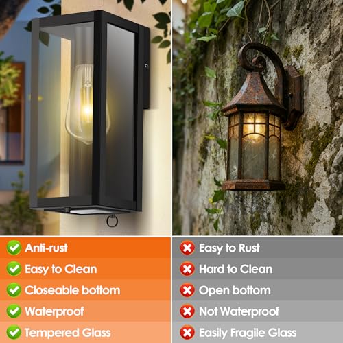 Image of Modern Outdoor Light Fixture with Closed Bottom, WaterProof Exterior Lighting Fixtures, Black Outdoor Lanterns for Porch Patio Garage Front Door Entryway,E26 Socket & Glass Shade, 2 Pack,11inch