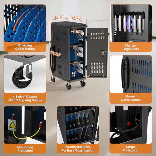 Image of Fully Assembled 18 Bay Laptop Charging Cart on Wheels, Heavy Duty Laptop Storage Cart for iPad Chromebook Tablet Up to 14-inch Screen with Key Lock, Charger & Cable Organization, Black