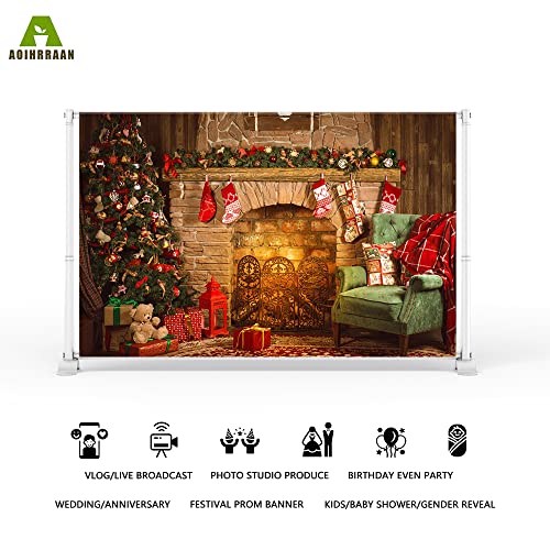 Aoihrraan 3x2m Christmas Fireplace Backdrop Xmas Tree Sock Gift Brick Warm Fireplace Sofa Wooden Wall Red Carpet Photography Background New Year Party Decoration Kids Adults Portrait Photo Props - Image 2