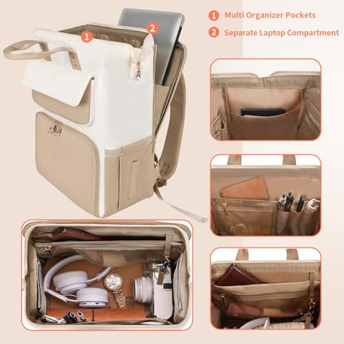 Image of BERTASCHE Lunch Backpack for Women, 15.6 Inch Laptop Backpack with Insulated Cooler Lunch box, Nurse Backpack for Teacher Work Travel College Picnic, Khaki-Beige