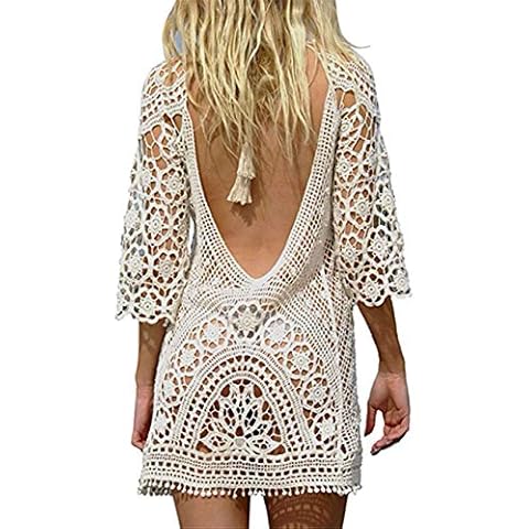 YouKD Women's Hollow Knit Tunic See-Through Crochet Tops Beach Cover Poncho Summer Beach Cover Up Dress Beige Cover