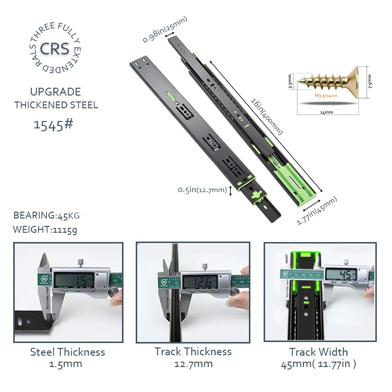 2 Pairs Soft Close Drawer Slide, 16” Full Extension Cabinet Runner,Heavy Duty 100lb Load Capacity Side Mount Ball Bearing